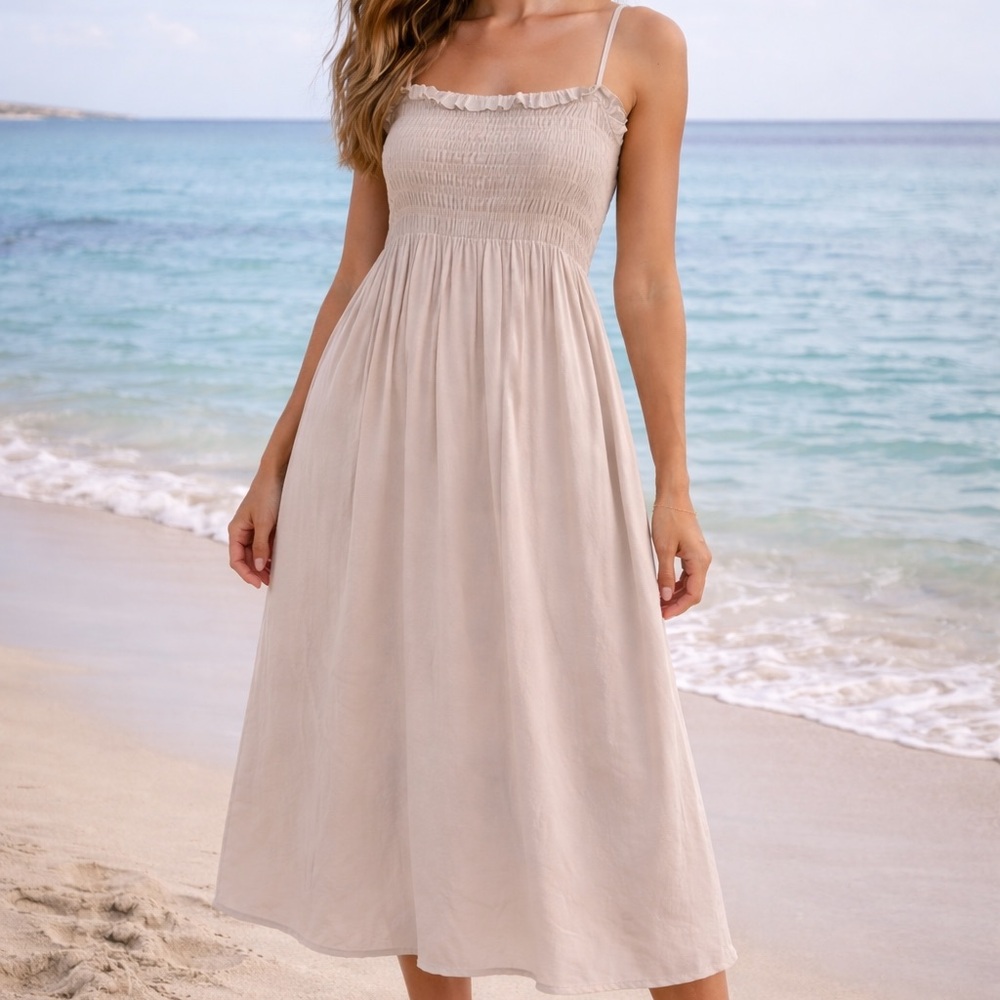 H&M Smocked Midi Dress Beige Cotton Spaghetti Strap Summer Sundress L